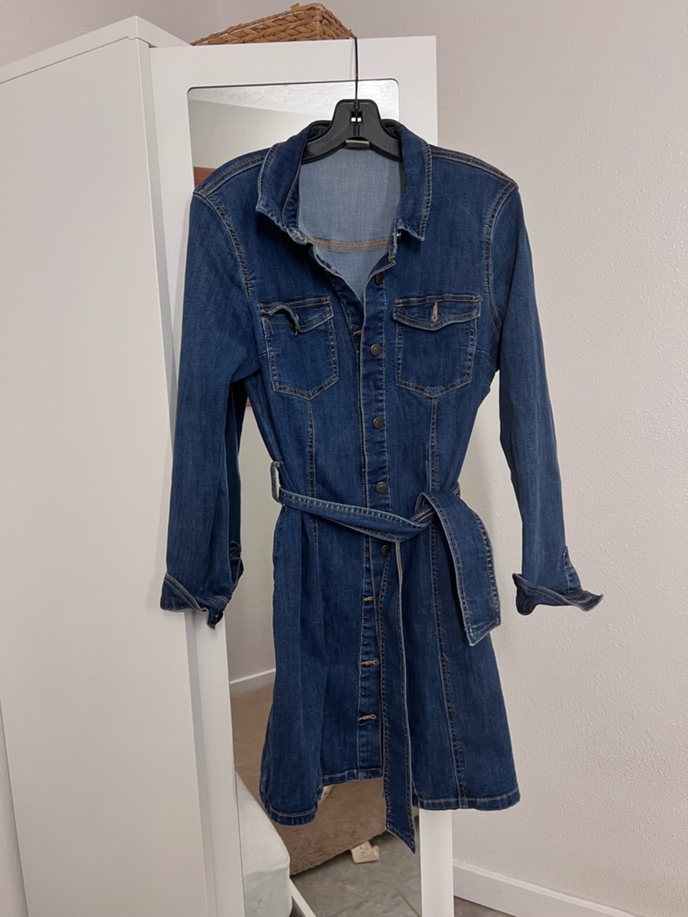 Dark Blue Denim Button-Front Shirt Dress with Belt